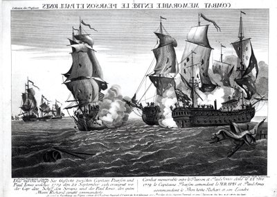 القتال الذي لا ينسى بين الكابتن بيرسون ، قائد &39;السرابيس&39; وجون بول جونز ، قائد &39;Le Bonhomme Richard&39; ، 22 سبتمبر 1779 ، نقشه بالتاسار فريدريك لويزل (engrav بواسطة ريتشارد باتون